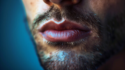 Close up of a closed mans mouth and chin. 