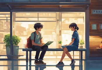 an Indian boy and girl discussing with each other while smiling kindly in a city with anime and cartoon style