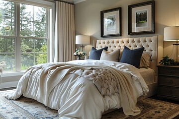 Elegant bedroom minimal decor beige and white color scheme three blank frames cozy bedding