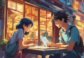 an Indian boy and girl discussing with each other while smiling kindly in a city with anime and cartoon style