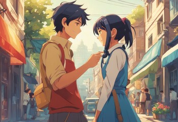 an Indian boy and girl discussing with each other while smiling kindly in a city with anime and cartoon style