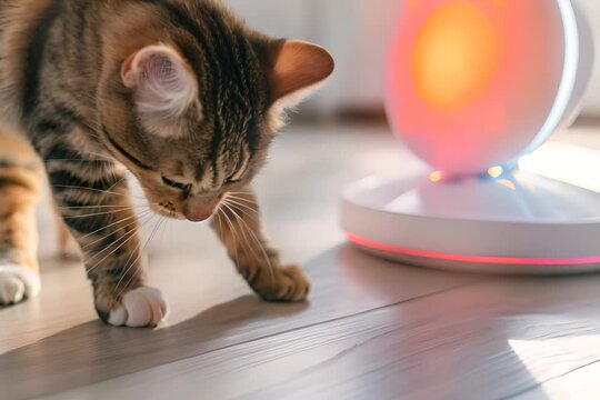 Tabby cat is carefully sniffing the floor near a smart home device, emitting a warm orange glow. The device is casting colorful lights on the wooden floor, piquing the cat's curiosity