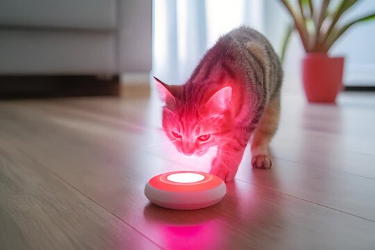 Tabby cat is captivated by a smart home device emitting a vibrant pink glow on a wooden floor. The feline's curiosity is piqued by the intriguing light