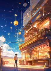 illustration of a person and the sparkle of big and small stars in anime and cartoon style