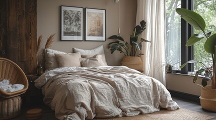 Elegant bedroom neutral tones three blank frames comfy bedding minimalist decor