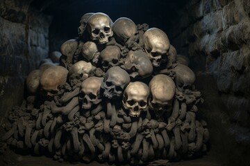 Macabre heap of human skulls stacked in a dimly lit catacomb, creating a haunting atmosphere