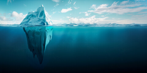 Iceberg concept, an iceberg floating in the ocean with half of it visible above and one big part under water. Blue sky background with copy space for text. Conceptual illustration about global warming
