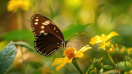 Brown butterfly with white spots feeding on nectar from a yellow green flower