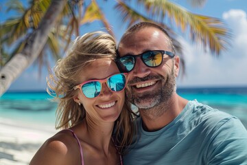 Beautiful and happy smiling couple take a selfie under the palm tree on the beach wearing colorful sunglasses 