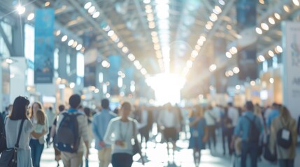 Soft and hazy background of a packed conference hall at a technology convention with tall banners and posters showcasing the latest advancements in the industry creating a sense of .