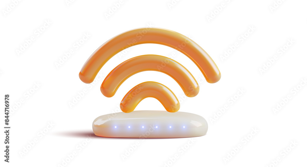 Poster 3d illustration of an orange wi-fi symbol with a white base, featuring glowing blue led lights. this