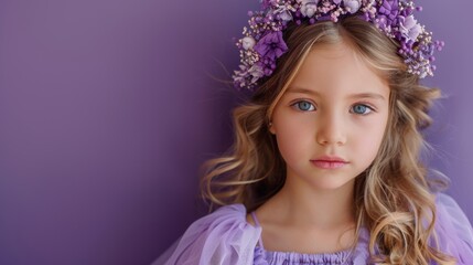 Naklejka premium pretty cute girl playing dress-up and posing like a princess against a royal purple background