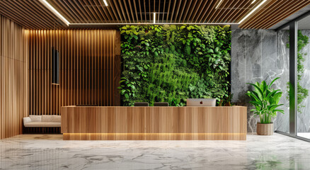 Design an office lobby with wood and greenery, featuring a reception desk and seating area. Include marble flooring and wooden panels on the walls