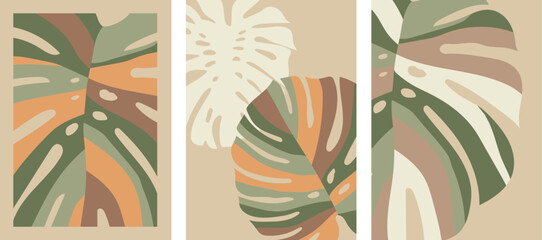 Wall art print set. Abstract boho posters with monstera leaves in abstract, minimalist, matisse, botanical style. Poster, postcard, cover, banner design  © Tymofii