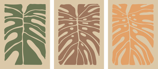 Wall art print set. Abstract boho posters with monstera leaves in abstract, minimalist, matisse, botanical style. Poster, postcard, cover, banner design  © Tymofii