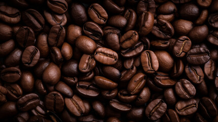 Obraz premium Richly Lit Top-Down View of Dark-Brown Coffee Beans: Ideal for Exquisite Coffee-Themed Designs and Business Backgrounds