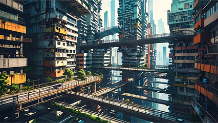 Obraz premium Multi-Level Metropolis: A City of Sky Bridges and Elevated Highways