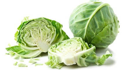 Fresh cabbage being sliced on a white background