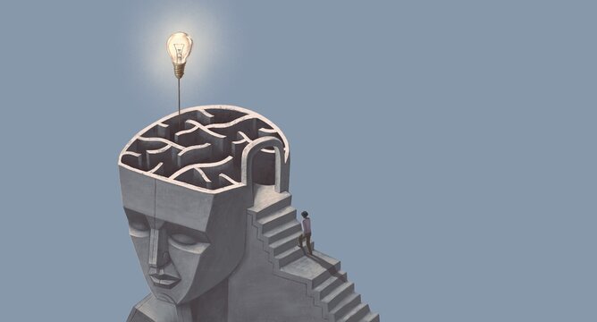 Brain, mind, success and philosophy concept art. surreal painting.