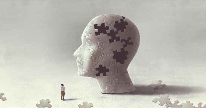 Memory, brain, think, psychology,  lost and mind concept art. conceptual surreal artwork. jigsaw puzzle human head.