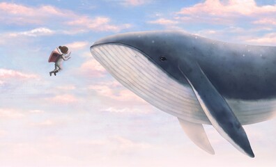 a girl with book wing and a whale. surreal illustration. imagination, child and dream concept. fantasy art.