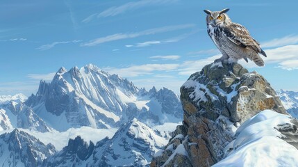 Majestic owl perched on a snowy mountain peak, surveying the vast landscape with piercing eyes, under a clear blue sky.
