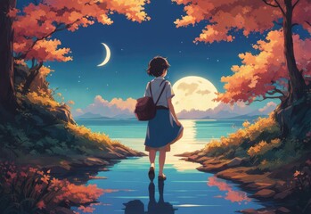 illustration of a lone person at night by moonlight in anime and cartoon style.