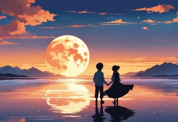 illustration of a lone person at night by moonlight in anime and cartoon style.