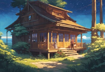 illustration of a lone person at night by moonlight in anime and cartoon style.