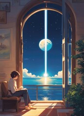 illustration of a lone person at night by moonlight in anime and cartoon style.