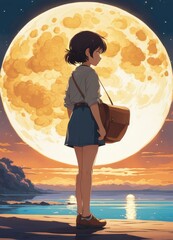 illustration of a lone person at night by moonlight in anime and cartoon style.