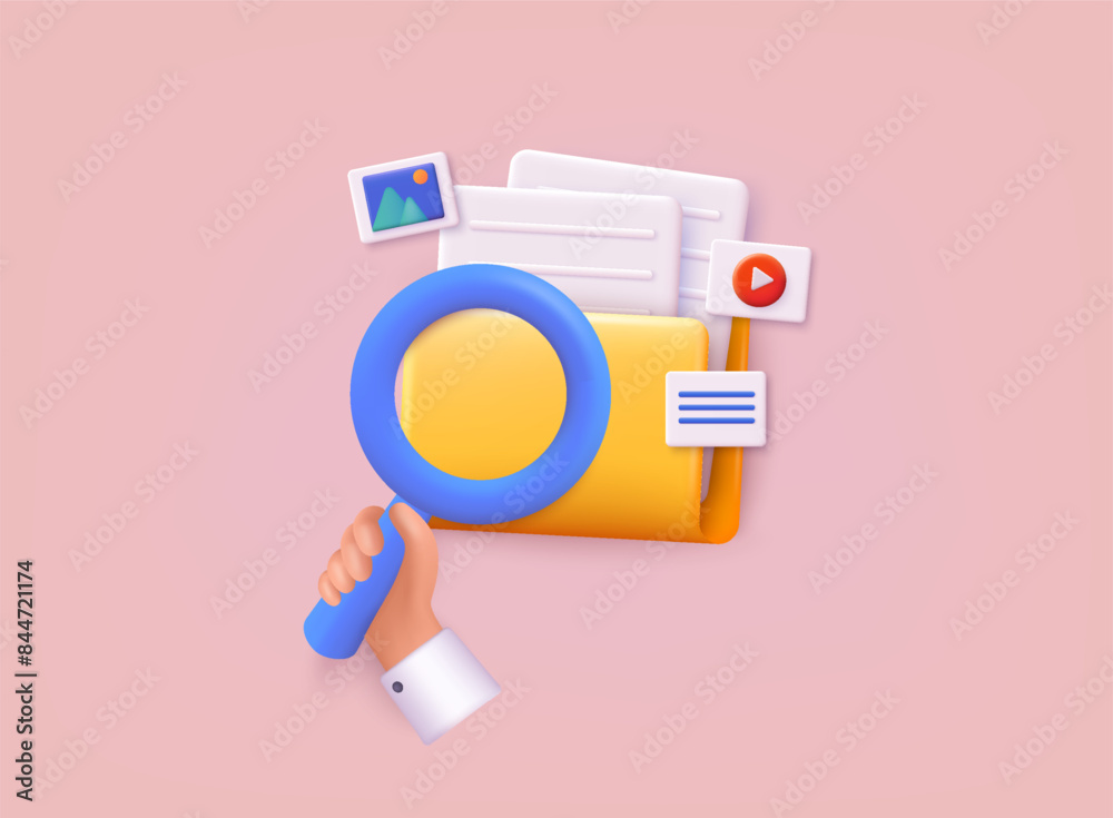 Poster 3d document list icon. paper document. folder with magnifying glass and files. 3d web vector illustr