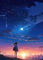 illustration of a lone person at night by moonlight in anime and cartoon style.