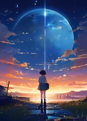 illustration of a lone person at night by moonlight in anime and cartoon style.