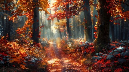 Forest Path A magical forest scene featuring a winding path carpeted with fallen leaves flanked by towering trees adorned with vibrant autumn colors. 