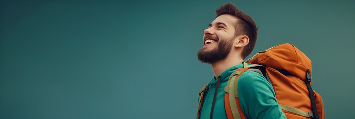 A happy young white man with a backpack enjoying travel and adventure