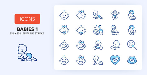 Line icons about babies and maternity. Contains such icons as lactation, fetus, insemination and more. 256x256 Pixel Perfect editable in two colors. Set 1 of 2