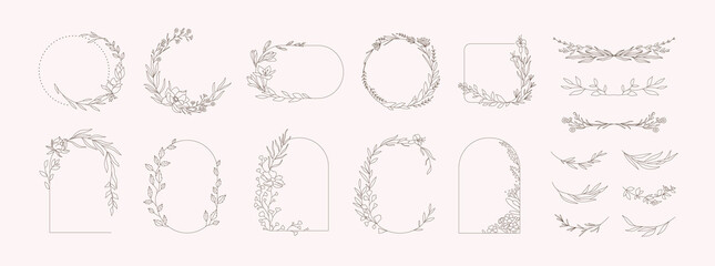 Set of different floral frame from flat editable stroke. Luxury line floral collection for wedding invitation art, design template of save the date card