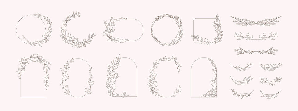 Set of different floral frame from flat editable stroke. Luxury line floral collection for wedding invitation art, design template of save the date card