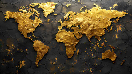 A world map with gold continents on a black, textured background, highlighting geographic features.