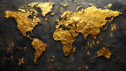 Naadloos Fotobehang Airtex A world map with gold continents on a black, textured background, highlighting geographic features. © SS1980