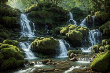 Cascading Waterfall Retreat A hidden waterfall cascading down mossy rocks into a crystal clear pool