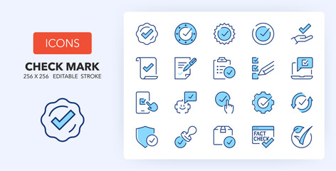 Line icons about check marks. Contains such icons as agreement, approval, certificate and more. 256x256 Pixel Perfect editable in two colors