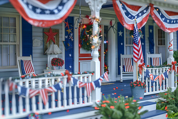 A detailed image of a family decorating their front porch with American flags, bunting, and red,...