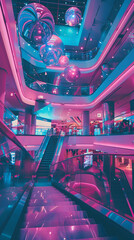 Neon Lights and Escalators in a Modern Mall