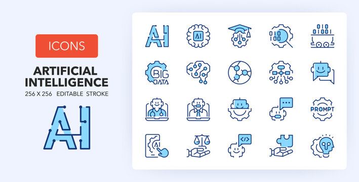 Line icons about artificial intelligence. Contains such icons as modeling, regulation, neural network and more. 256x256 Pixel Perfect editable in two colors