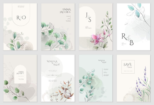 Set of floral invitation save the date card with watercolor branch and flowers. Luxury vintage botanic template layout design, brochure or cover