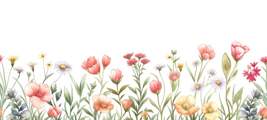 Seamless Horizontal Watercolor Wild flowers isolated on a transparent background
