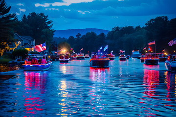 A vibrant photo of a boat parade on a lake, with boats decorated with American flags and festive lights, celebrating the 4th of July