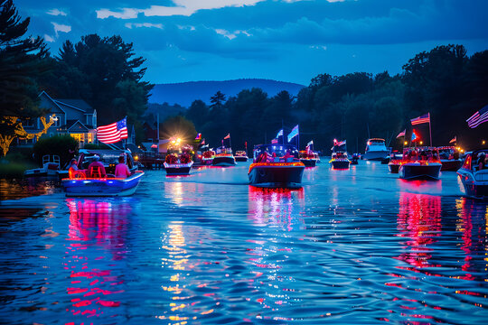 A vibrant photo of a boat parade on a lake, with boats decorated with American flags and festive lights, celebrating the 4th of July